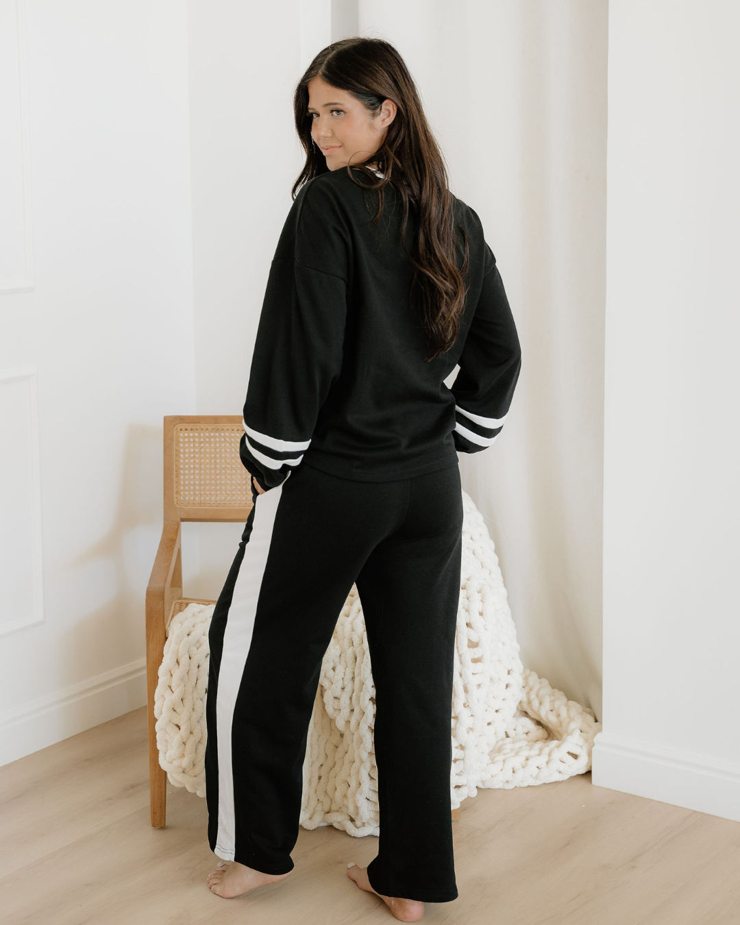 Jordyn Varsity Stripe Drawstring Wide Leg Pant Set - Black