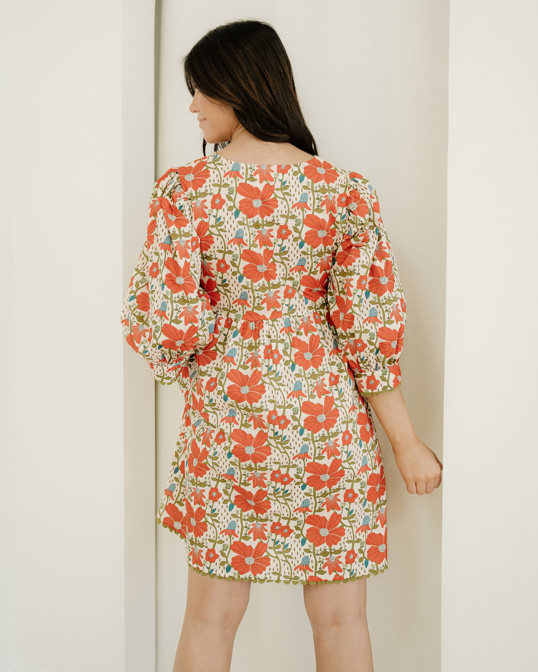 Gabriela Ricrac Trim V Neck 3/4 Sleeve Loose Mini Dress