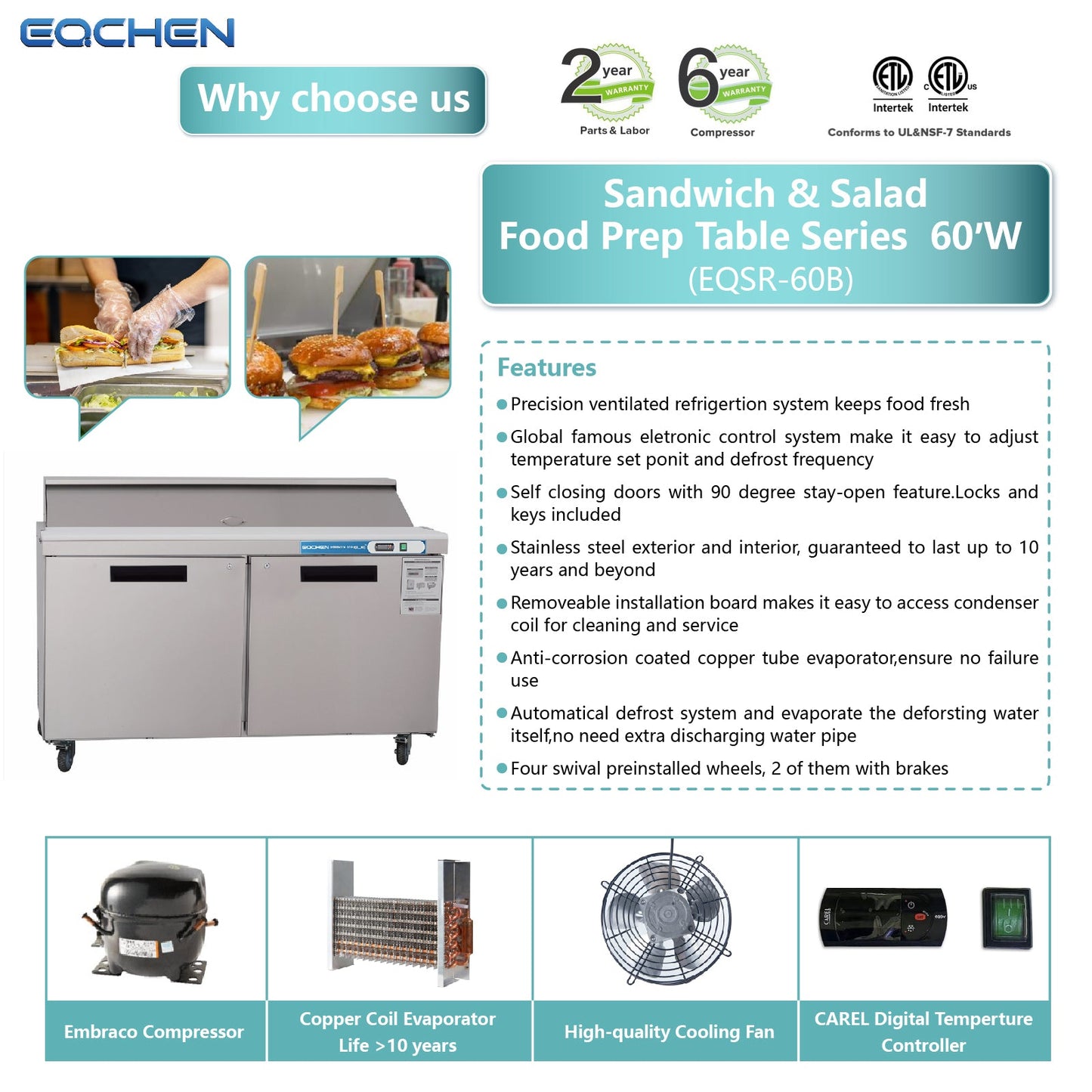 60 inch Salad Sandwich Prep Table Refrigerator, Stainless Steel Food Prep Cooler
