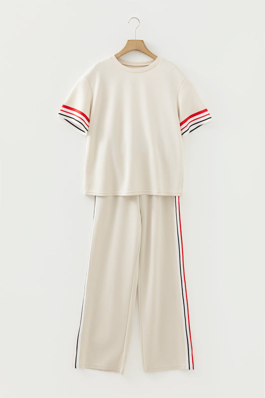 Contrast Stripe Crewneck Top & Straight Pants Set
