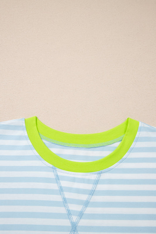 Stripe Contrast Trim Tee & Drawstring Shorts Set