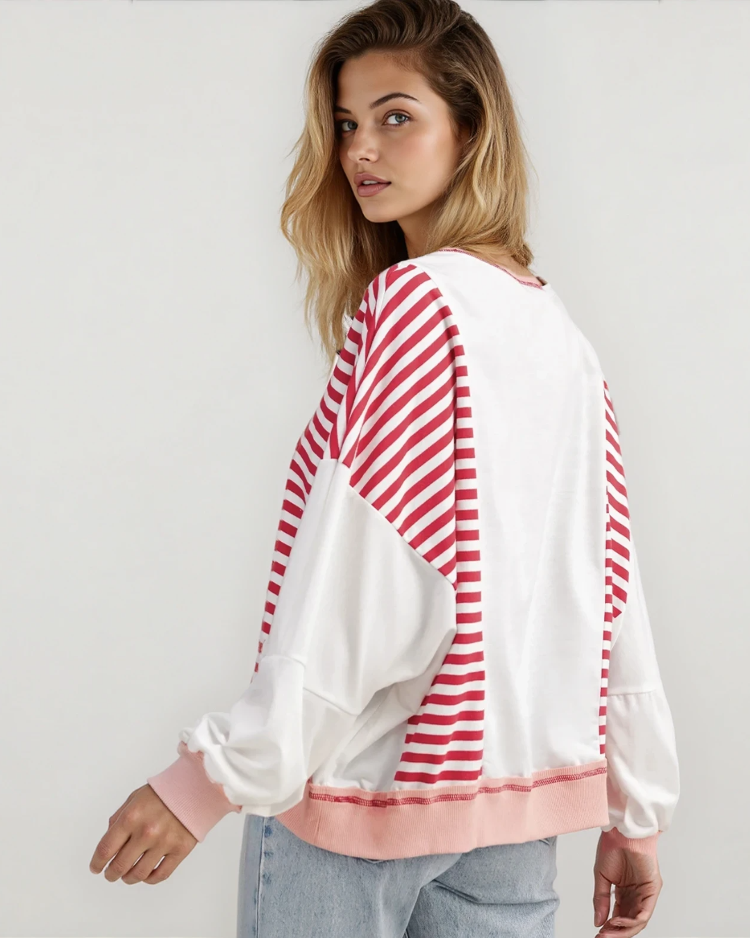 Sophie Striped Colorblock Patchwork Oversized Sweatshirt - Red