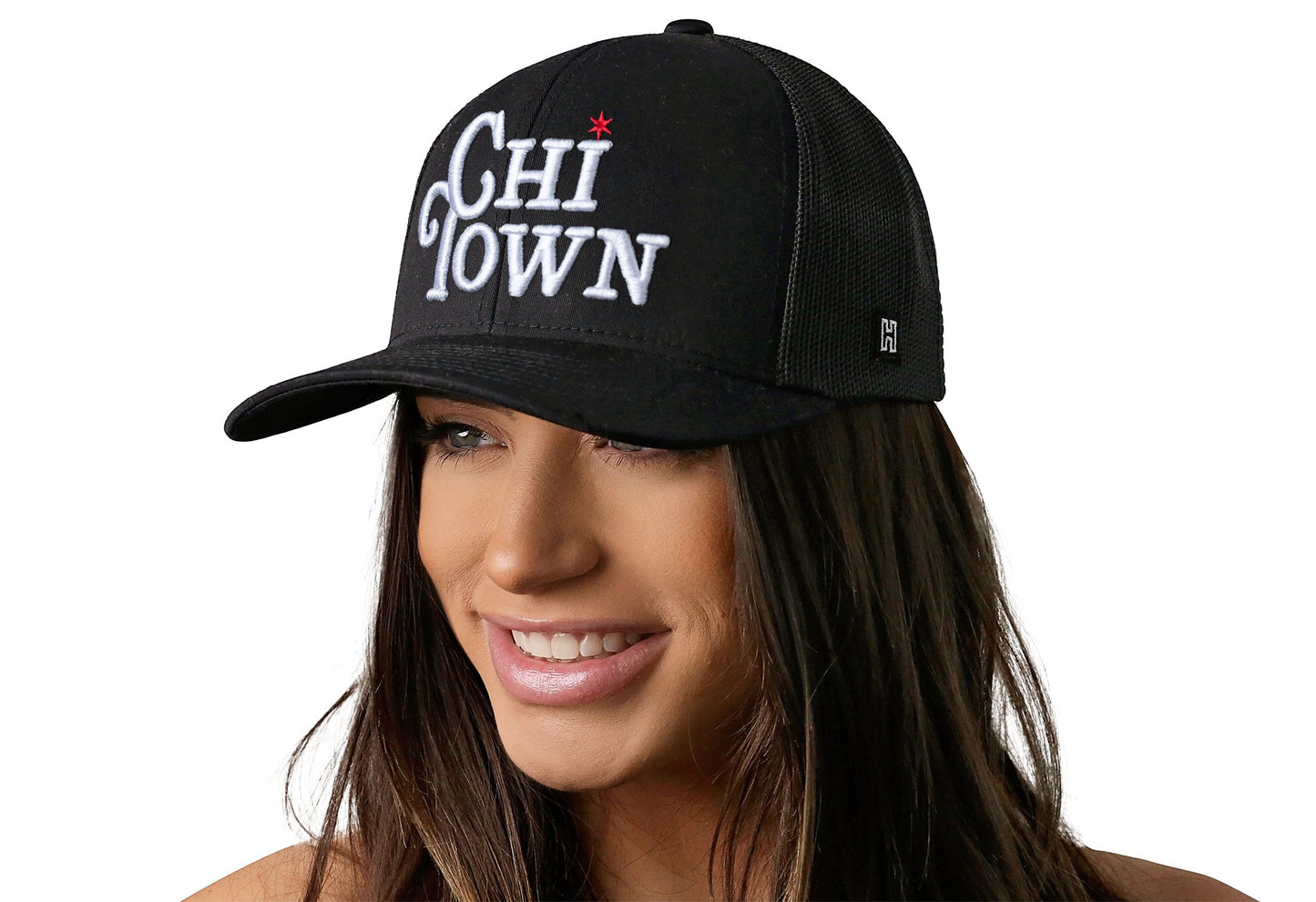 Chi Town White Script Trucker Hat | Black Illinois Snapback