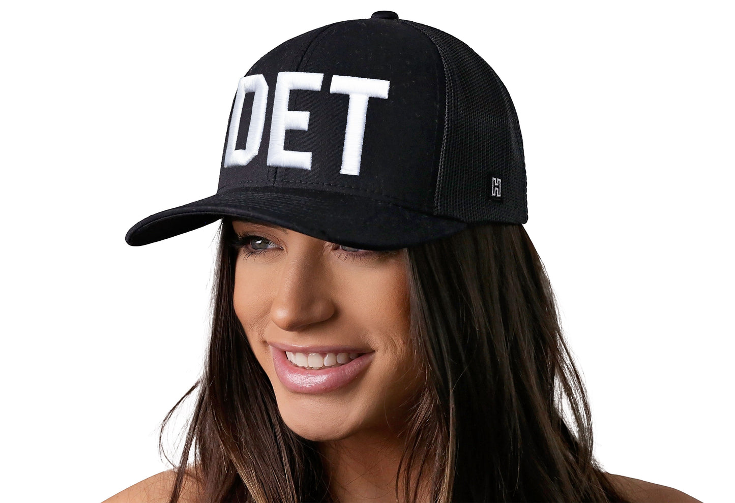 Detroit White Block Trucker Hat | Black Michigan Snapback