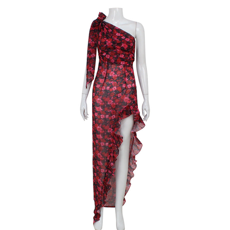 Women Diagonal Collar Ruffled Floral Print Dress Waist Tight Irregular Asymmetric Maxi Dress