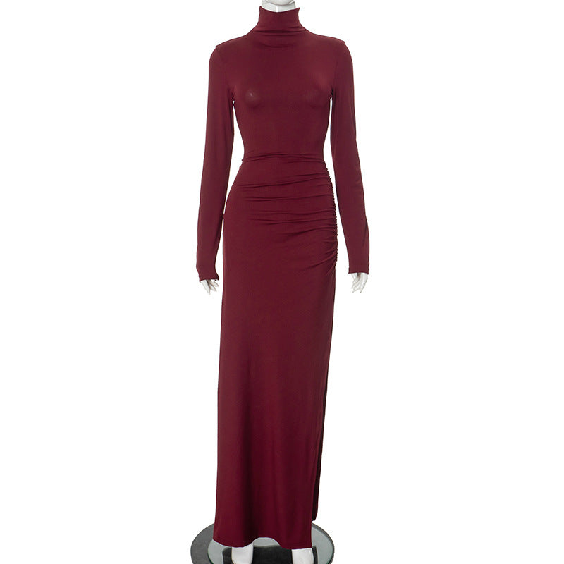 Women Clothing High Collar Slim Fit Long Sleeves High Slit Elegant Maxi Dress