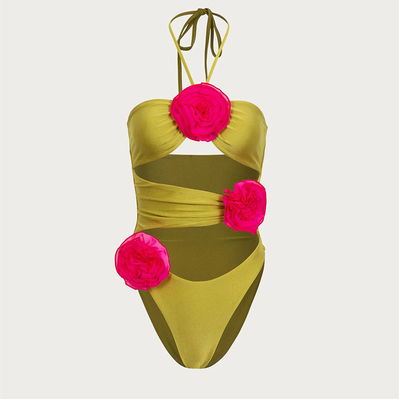 Sexy Solid Color Halter Tether Three Dimensional Floral Design One Piece Swimsuit Swimwear
