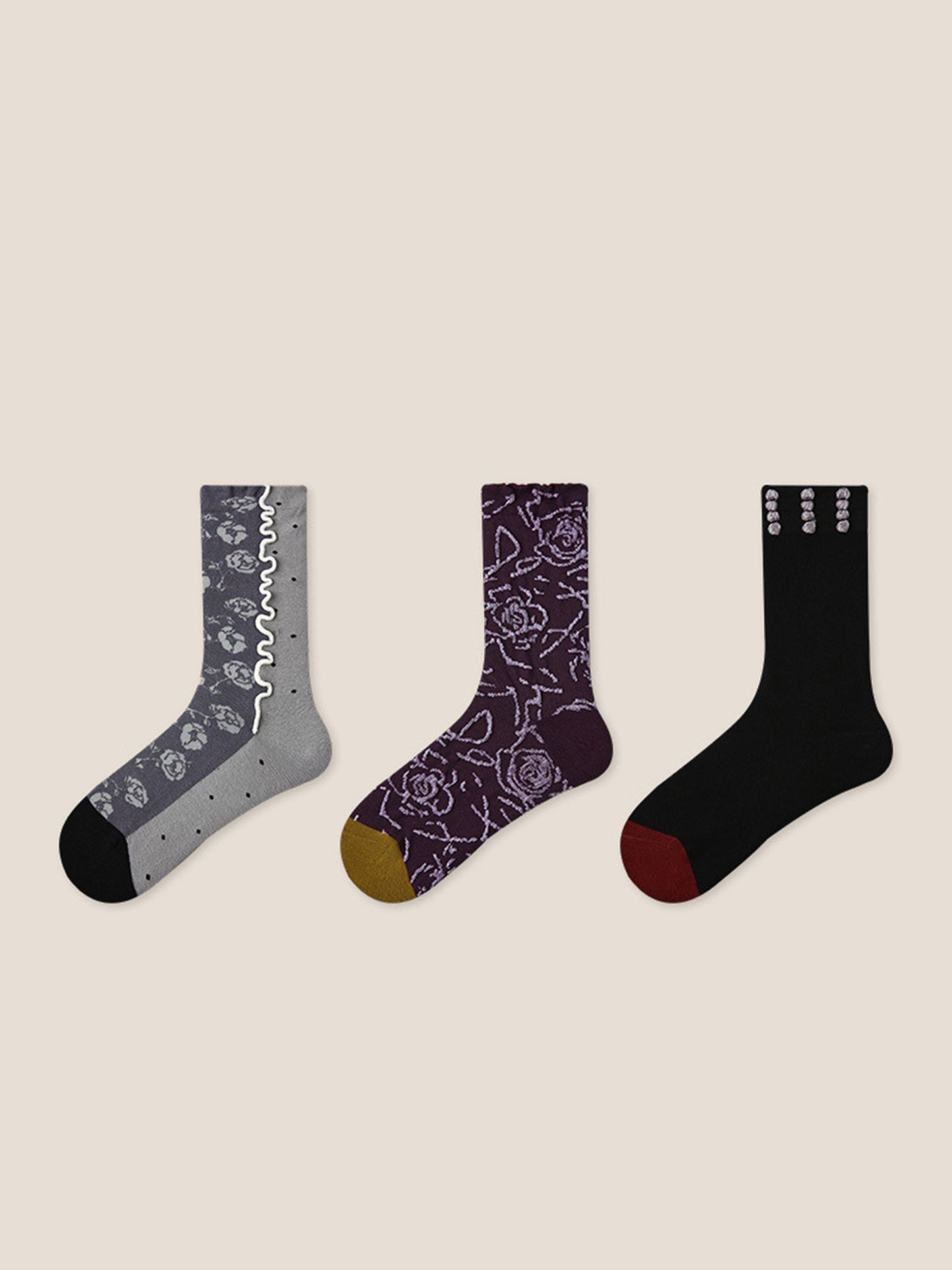 Long-Staple Cotton 3-Pair Floral Embossed Slouch Mid-Calf Sock Set