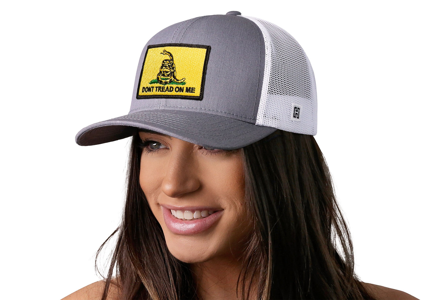 Dont Tread On Me Trucker Hat | Gray-White Gadsden Flag Yellow Snapback