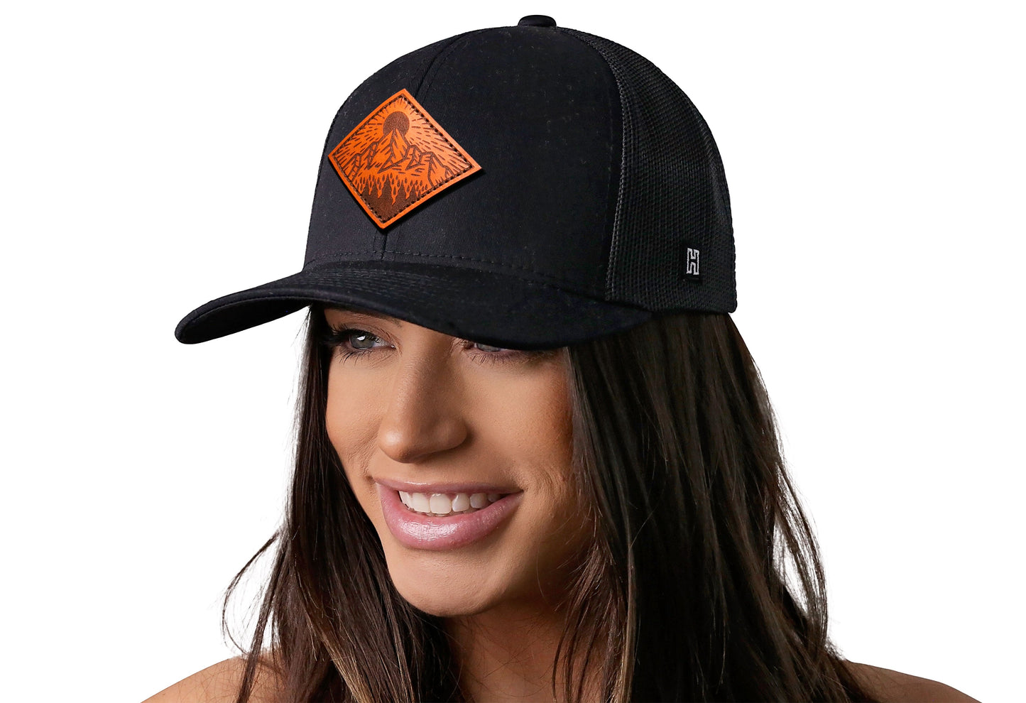 Diamond Mountain and Trees Trucker Hat Leather | Black Outdoors Snapback