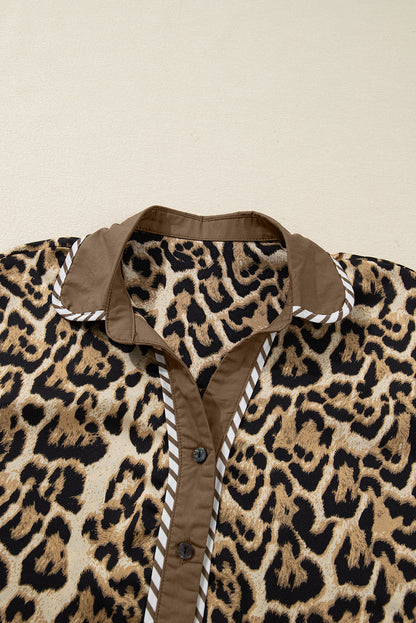 Leopard Collared 3/4 Sleeve Shirt and Pants Set