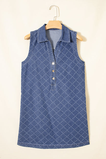 Denim Textured Collared V-Neck Sleeveless Mini Dress