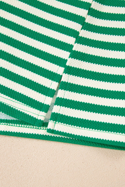 Stripe Patchwork Puff Short Sleeve V-Neck Blouse