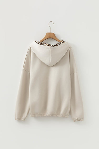 Leopard Contrast Drawstring Hood Drop Shoulder Top