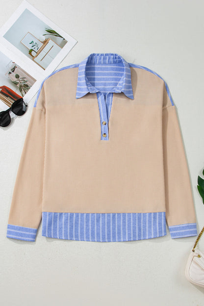 Plus Size Stripe Contrast Trim Waffle Knit Collared Top