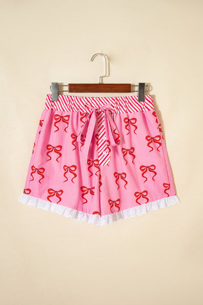 Bow Stripe Patchwork Elastic Waist Lace Trim Shorts