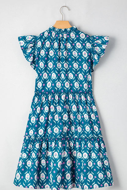 Floral Split Neck Ruffle Short Sleeve Dress