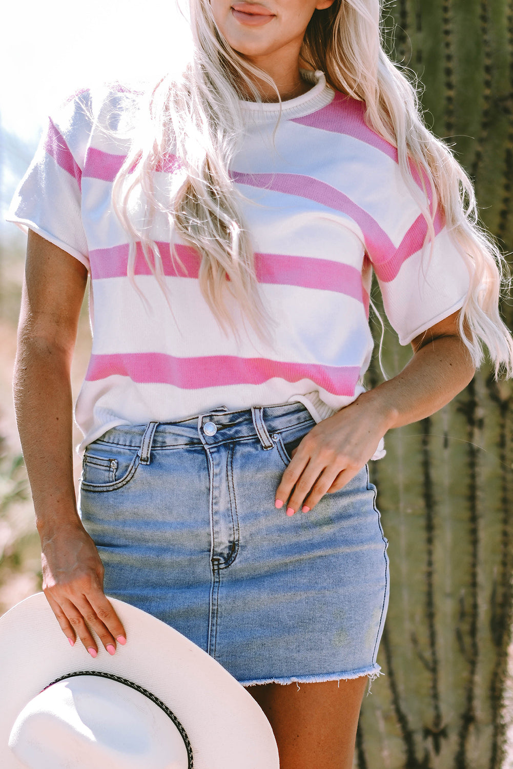 Stripe Knit Dropped Short Sleeve Sweater