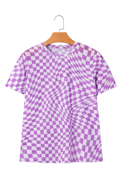 Checker Mesh Mock Neck Short Sleeve T-Shirt