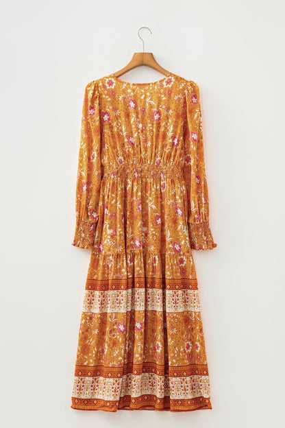 Boho Floral Smocked Waist Long Sleeve Maxi Dress