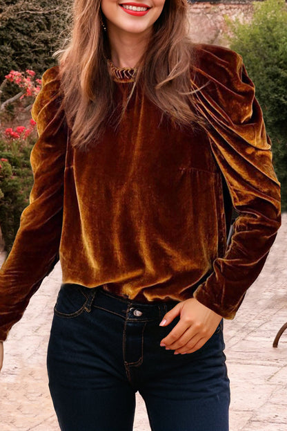 Velvet Frilled Neck Puff Sleeve Top