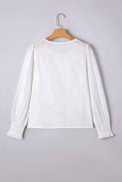Solid Eyelet Embroidered Long Sleeve Blouse