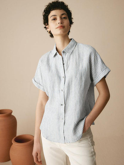 100% Linen Striped Classic Button-Front Shirt HUNTER