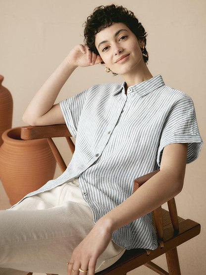 100% Linen Striped Classic Button-Front Shirt HUNTER