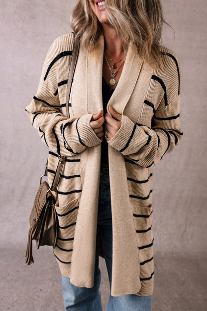 Stripe Shawl Neck Pocketed Open Cardigan