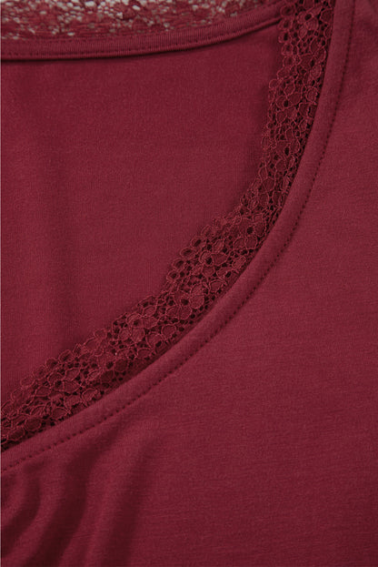 Lace Trim Ruched V-Neck Long Sleeve Top