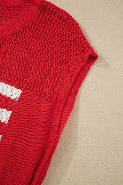 USA Flag Crochet Short Sleeve Sweater Top