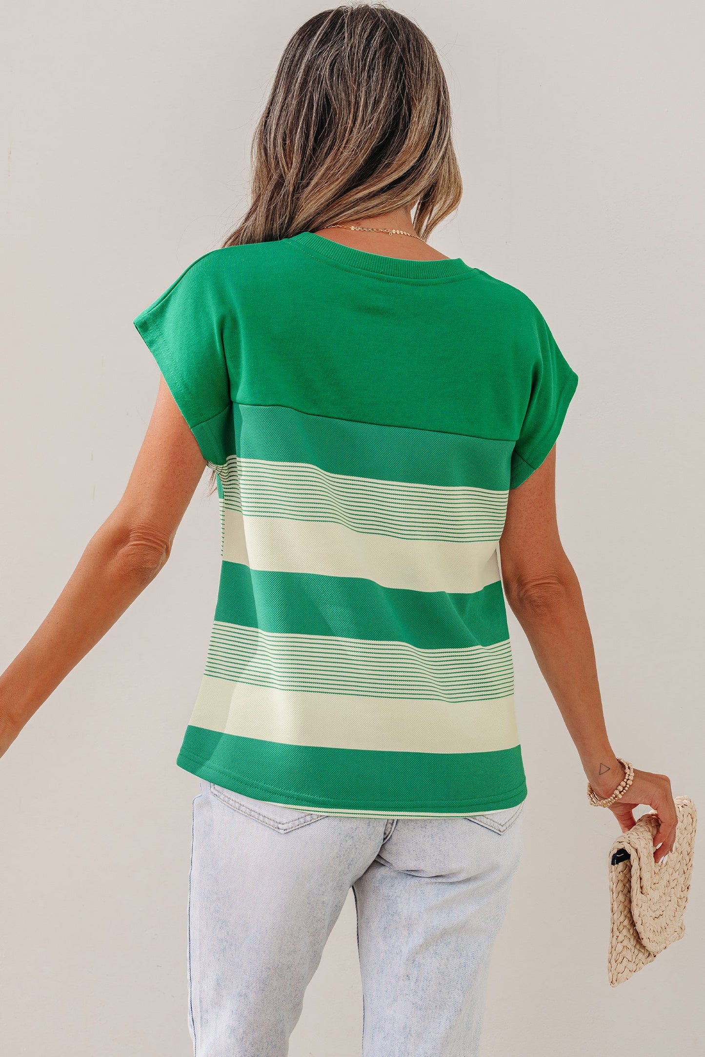 Stripe Mixed Crew Neck Cap Sleeve T-Shirt