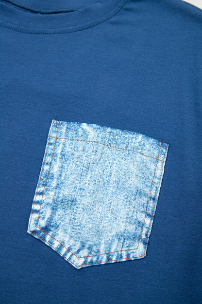 Colorblock Chest Pocket Patch Short Sleeve Top