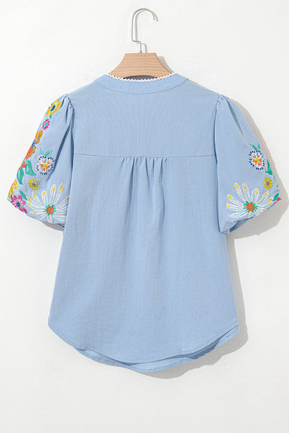 Floral Embroidered Puff Sleeve Blouse