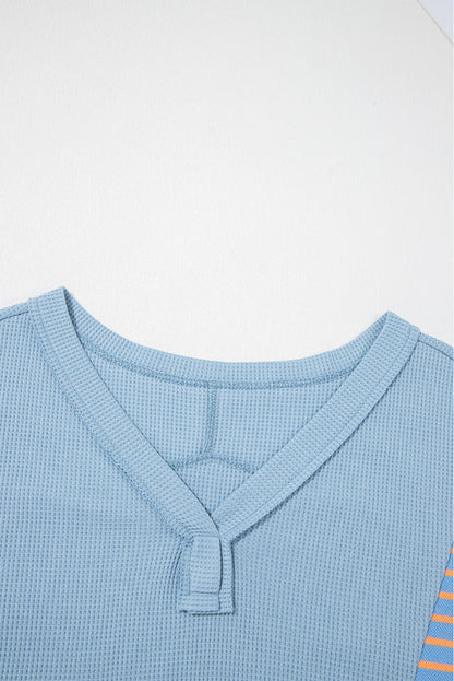 Stripe Patchwork Waffle Knit V-Neck Pullover