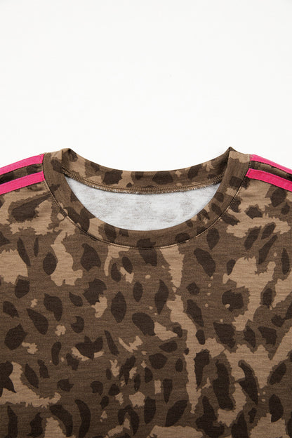 Leopard Contrast Stripe Mini T-Shirt Dress w/ Pockets