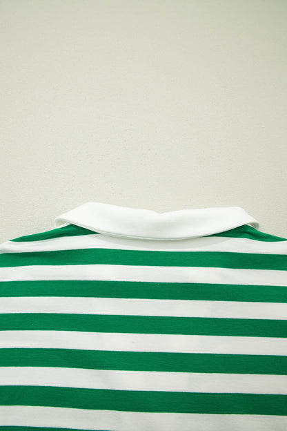 Plus Size Stripe Collared V-Neck Ruffle Sleeve Blouse