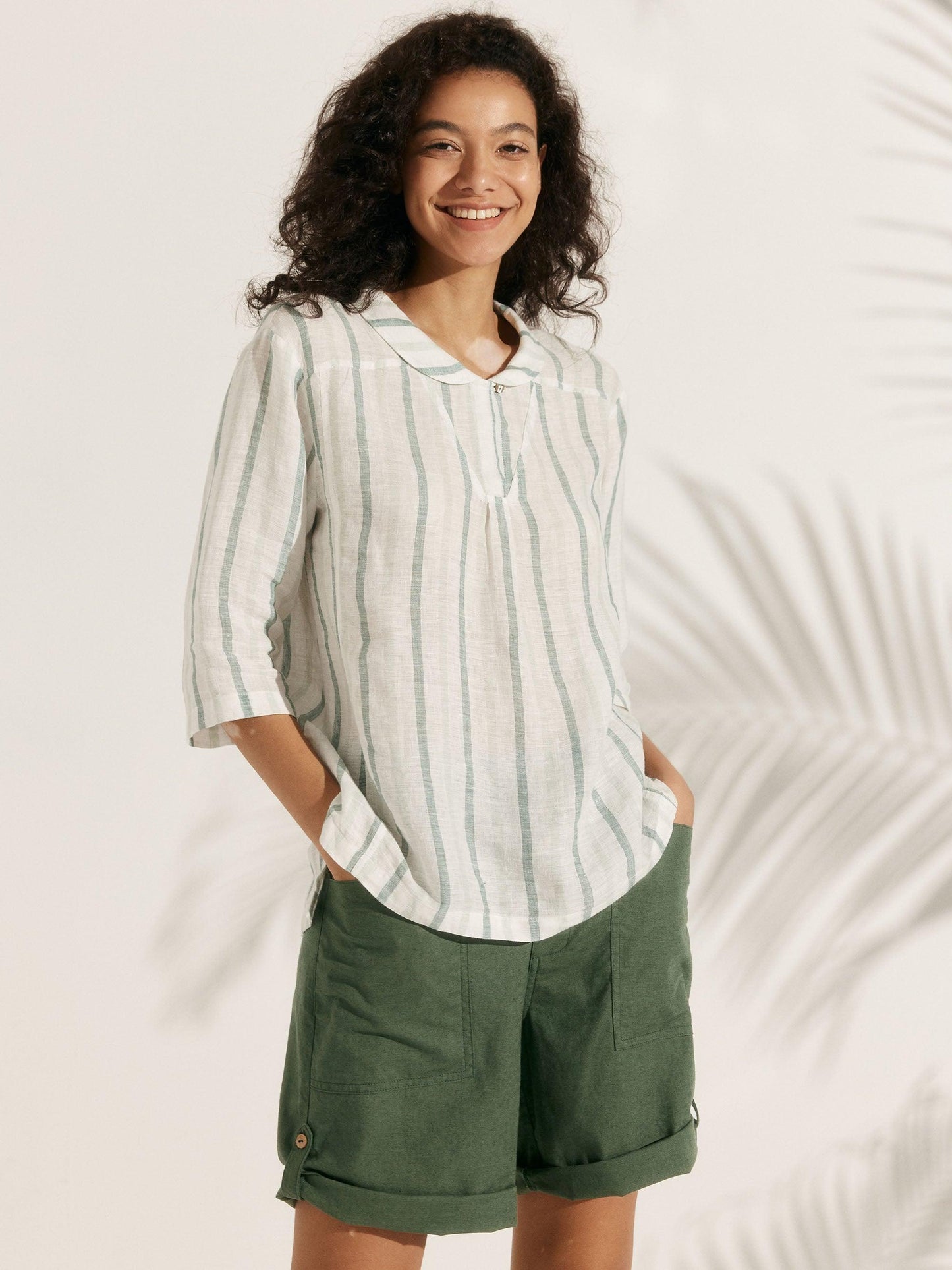 100% Linen Stripe Shawl V-Neck Half Sleeve Top JADE