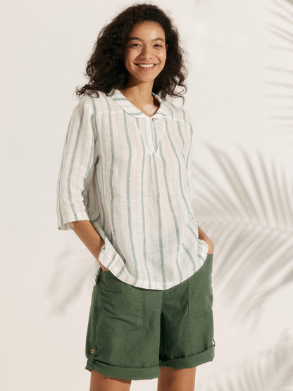 100% Linen Stripe Shawl V-Neck Half Sleeve Top JADE