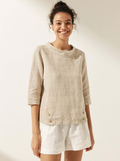 Linen Gingham Checked Round Soft-Fold Collar Top LAURA