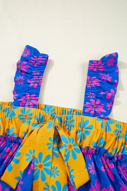 Floral Colorblock Ruffle Strap Flowy Tank Top