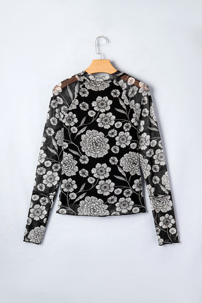 Floral Mesh Thumbhole Long Sleeve Top