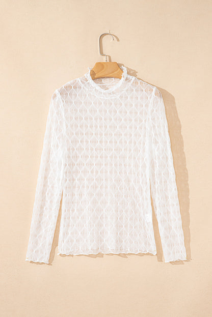 Sheer Mesh Lettuce Trim Long Sleeve Top