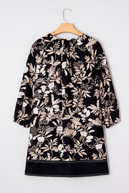 Floral Patchwork Split Neck 3/4 Sleeve Mini Dress
