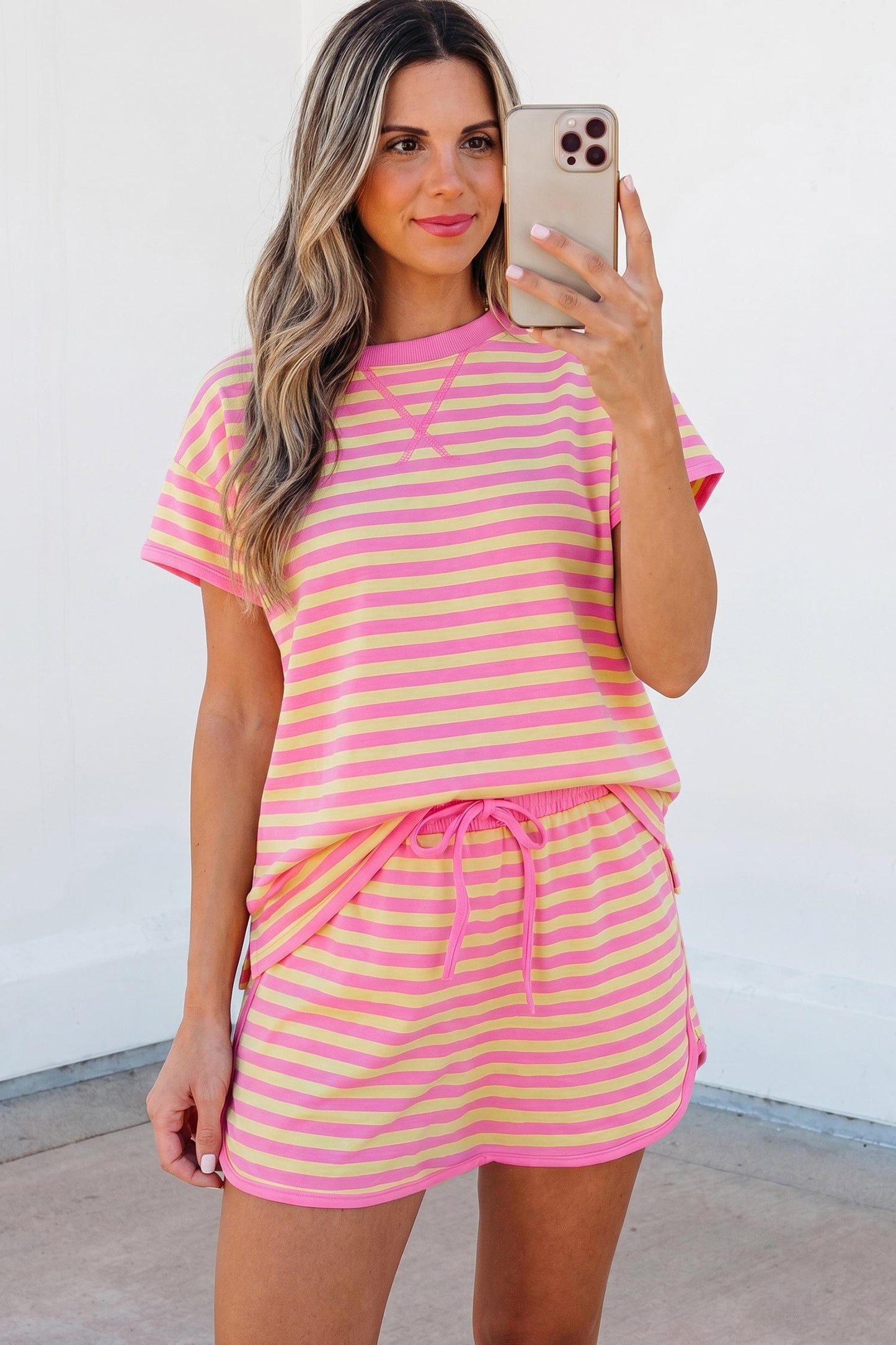 Stripe Contrast Trim Short Sleeve Top & Skirt Set