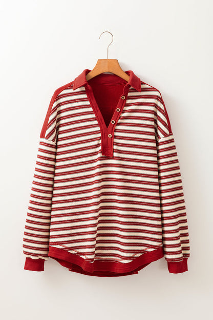 Stripe Buttoned Collared V-Neck Drop Shoulder Top