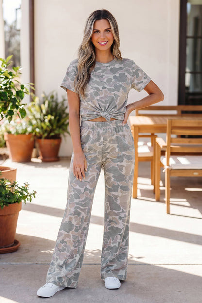 Camo Short Sleeve Top & Wide Leg Pants Set