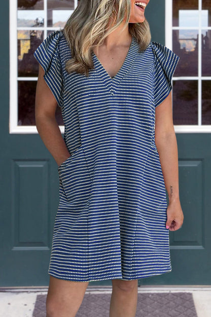 Stripe Textured Knit V-Neck Flutter Sleeve Mini Dress