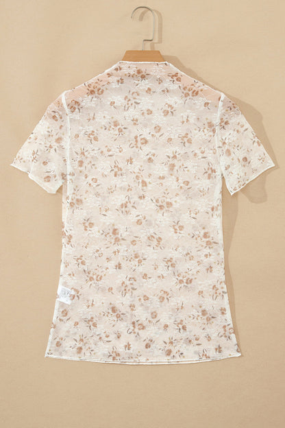 Floral Mesh Mock Neck Short Sleeve Top