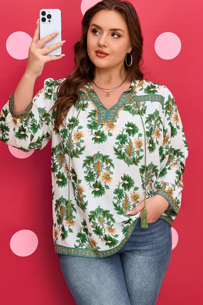 Plus Size Floral Patchwork Tassel Tie Blouse